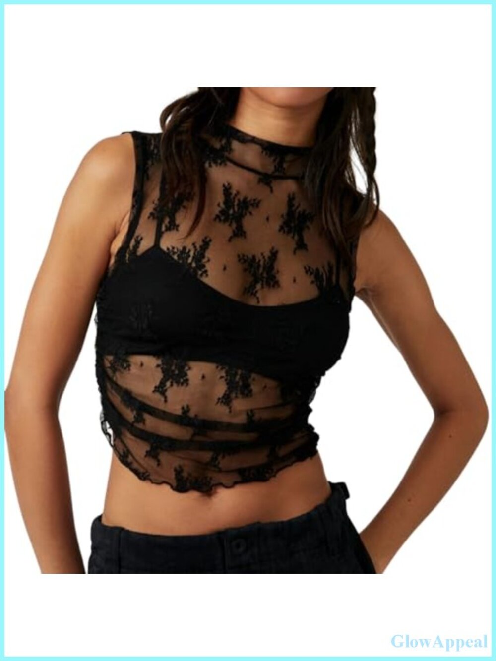 Sheer Lace Mesh Crop Top Sleeveless Mock Neck Ruched Slim Fit